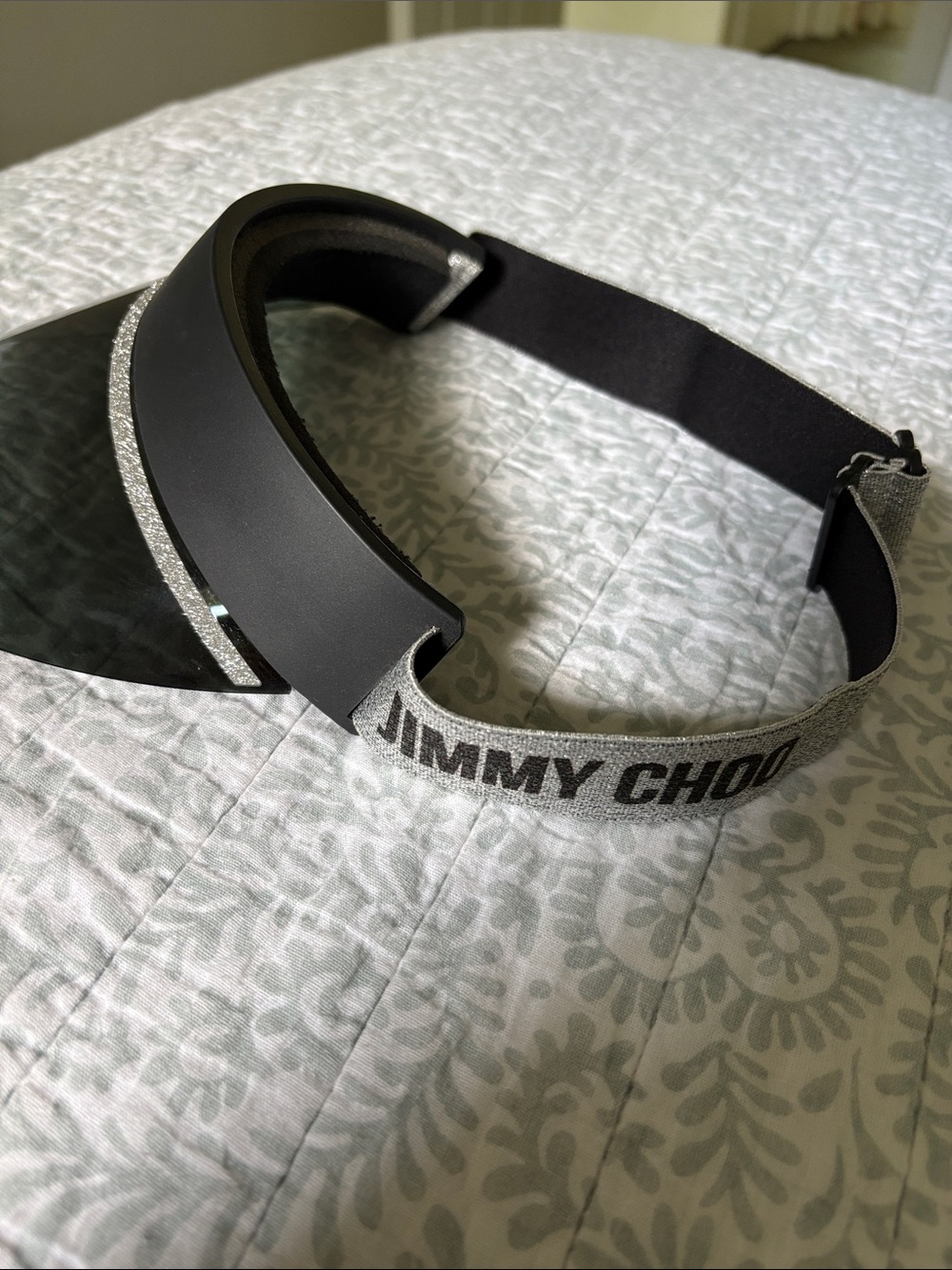 Jimmy Choo Black Shield Visor with Silver Glitter Logo Strap